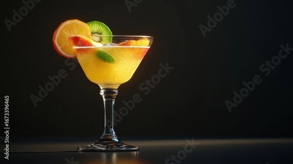 Obraz Elegant cocktail with fruit garnish against a dark, dramatic background
