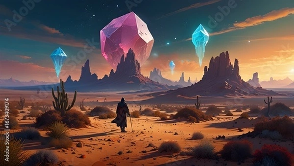 Fototapeta Epic Sci-Fi Scene of Floating Crystals Over Alien Desert at Sunset