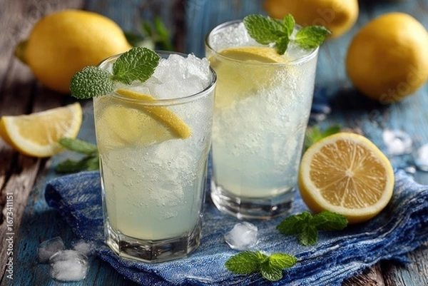 Fototapeta Two refreshing lemon drinks with ice and mint