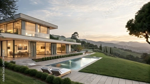 Fototapeta Modern luxurious home on the waterfront at dusk with showcasing sleek design for contemporary architecture lifestyle elegance and exclusive real estate concept.