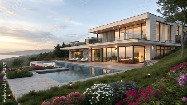Fototapeta Modern luxurious home on the waterfront at dusk with showcasing sleek design for contemporary architecture lifestyle elegance and exclusive real estate concept.
