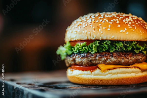 Fototapeta Generative AI image of juicy burger with glass of beer and open book on wooden table in cozy bar or pub interior mockup concept