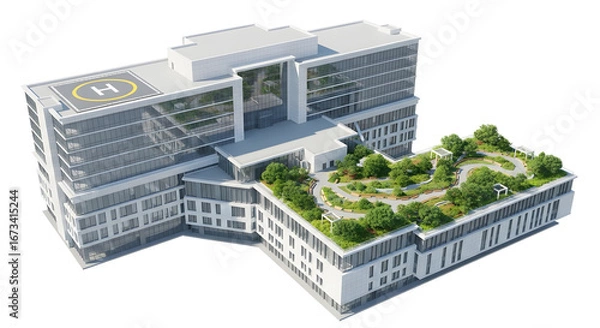 Obraz A modern hospital building featuring sustainable architecture, a green rooftop garden, and a helipad for emergency medical services, isolated on a white background
