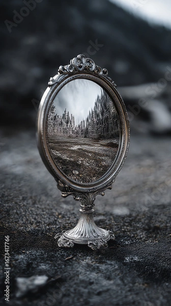 Obraz Reflective mirror showcasing a surreal landscape