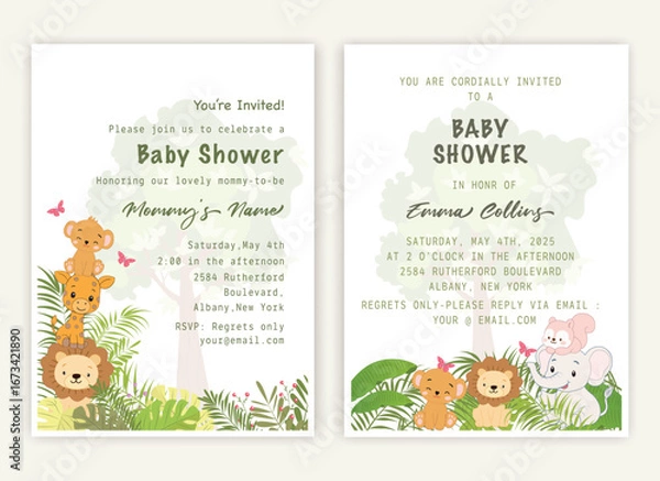 Obraz Cute baby shower invitation with safari animals, giraffe, elephant, toucan, and tropical leaves.
