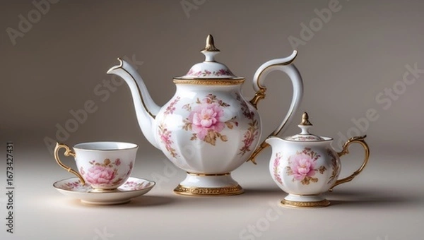 Fototapeta Elegant porcelain tea set with pink floral pattern, including a teapot, sugar bowl, and cup with saucer, featuring gold details.