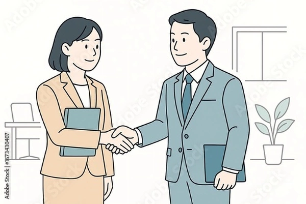 Obraz オフィスでスーツ姿の男女が握手するビジネスシーンのイラスト。契約成立や協力関係、信頼や成功をイメージしたビジネスウーマンとビジネスマンのやり取り