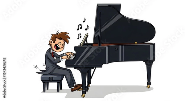 Obraz Joyful cartoon pianist in a formal suit playing a grand piano with energetic passion, a whimsical musical performance illustration