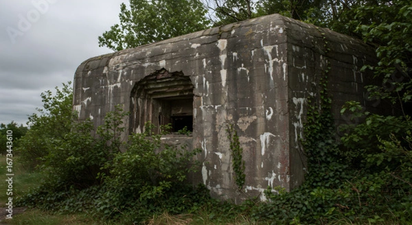 Fototapeta Weathered Concrete Bunker with Firing Slit Amidst Green Overgrowth