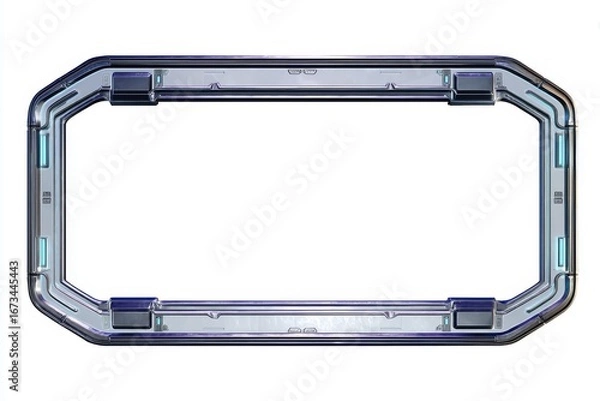 Obraz Front view of a cold steel spaceship window frame with rounded edges, industrial sci-fi design, empty interior, isolated on solid white background, high-detail futuristic spacecraft hull concept