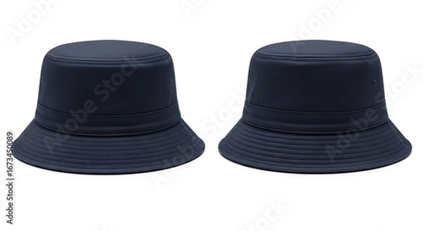 Fototapeta Two navy blue bucket hats displayed side-by-side, showcasing their simple design and solid color.