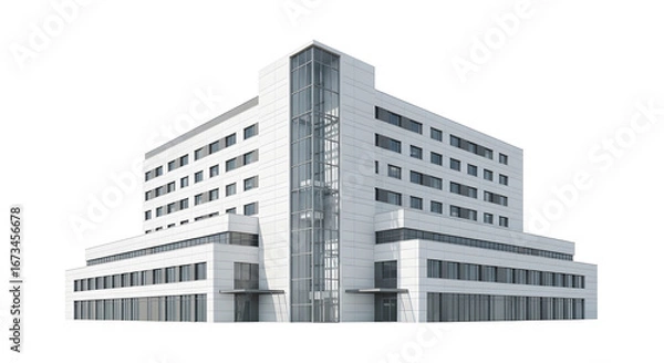Obraz Modern multi-story commercial building featuring a glass facade and central elevator, isolated on a pure white background for architectural or business concepts