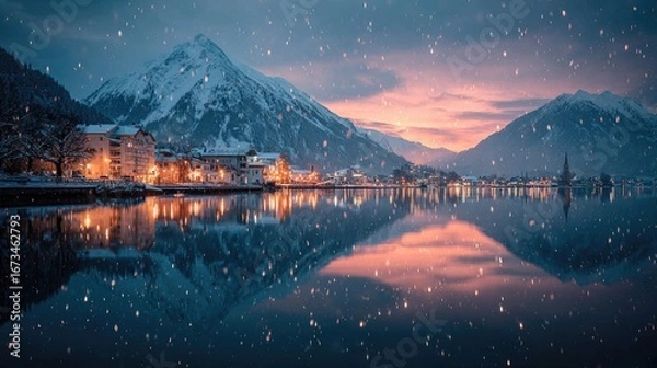 Obraz Winter village reflecting on a lake at dawn