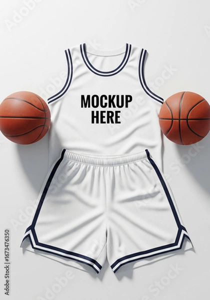 Fototapeta A blank white basketball uniform, including a jersey and shorts with navy blue trim, is laid out with two basketballs, creating a clean and professional sports apparel mockup.