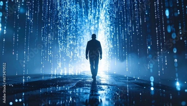 Fototapeta A silhouette of a man walking on a wet road, surrounded by a rain of glowing digital binary code. This image symbolizes the concept of artificial intelligence (AI), the digital world, and the interact