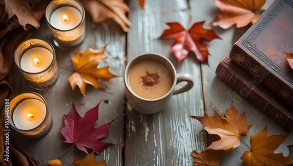 Fototapeta Autumn scene with coffee, candles, books, and colorful fall leaves on rustic wooden table