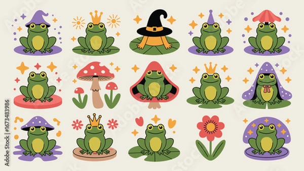 Fototapeta Fantasy frogs with mushrooms and wizard attire 