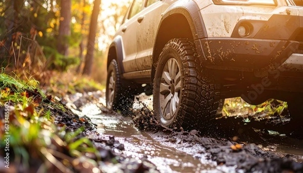 Fototapeta 4x4 OffRoading Adventure Powerful SUV splashing through muddy forest trail.
