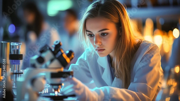 Fototapeta A scientist woman working hard to learn new things in a science lab. Exploring and finding out cool stuff using science tools. Generative AI.