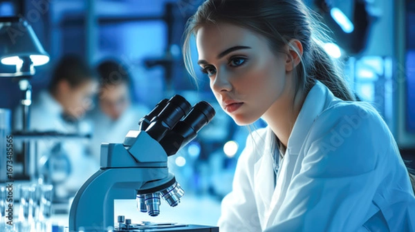 Fototapeta A scientist woman working hard to learn new things in a science lab. Exploring and finding out cool stuff using science tools. Generative AI.