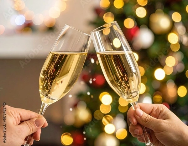 Obraz クリスマスシーズンのパーティーでシャンパンの入ったグラスを傾け乾杯している画像