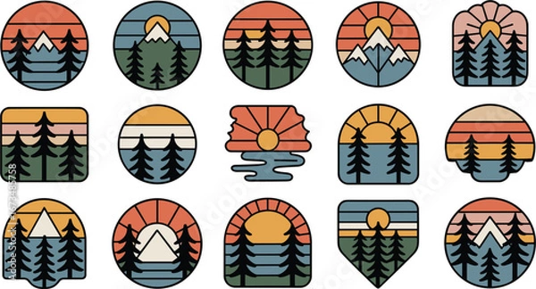 Fototapeta Set of mountain and sunset badges in hexagon and rounded shapes 