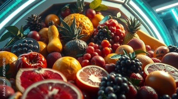 Obraz Epic scene of delicious fruits in a modern future setting, electric vivid colors, massive scale, lens glow lighting and heroic elements