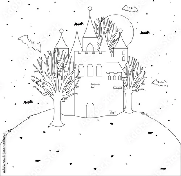 Fototapeta Spooky Halloween background with a scary haunted castle and trees on a hill at night. Spooky tower with scary trees and bats. Trick or treat Halloween party. Vector black and white coloring page.