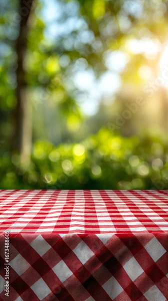 Fototapeta Red and white checkered tablecloth covering a surface, with a blurred green background of trees and sunlight.