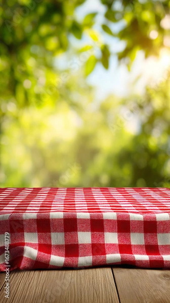 Fototapeta A red and white checkered tablecloth covers a wooden table, with a blurred green foliage background suggesting a picnic or outdoor setting.