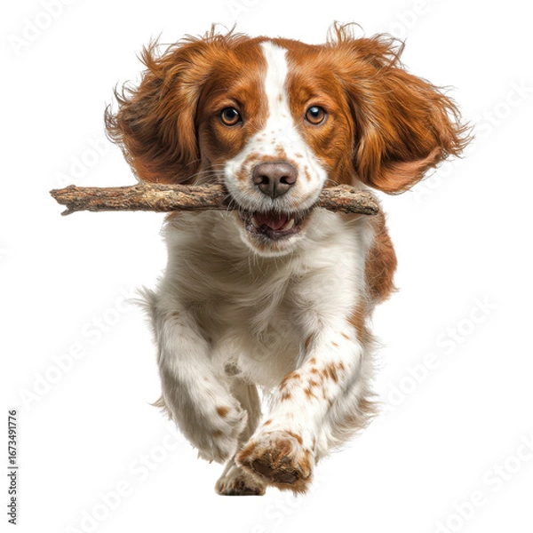 Fototapeta Energetic Dog Running with Stick in Mouth on Transparent Background