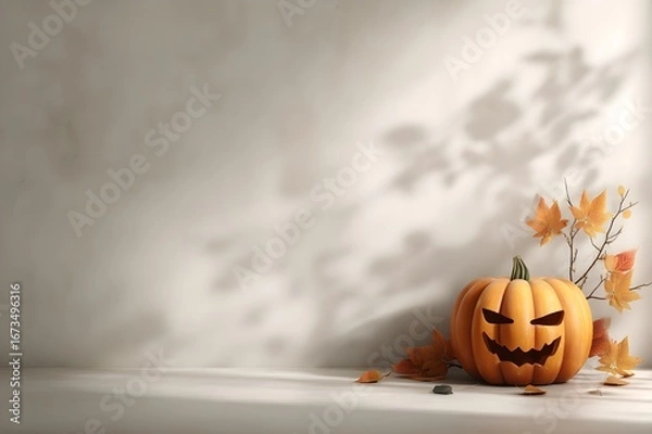 Obraz Bright halloween background with pumpkin. Blank space for text or product placement. Scary halloween backdrop with pumpkin. Wallpaper. Copy space. 