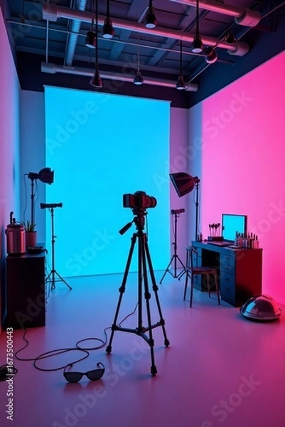 Fototapeta Photography studio setup with camera and lights tripod