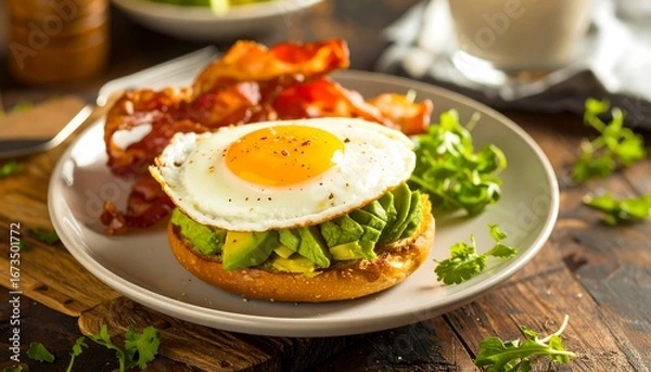 Fototapeta Fried egg, avocado, bacon on bagel