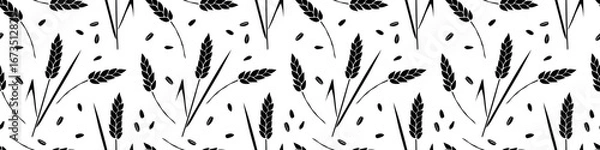 Fototapeta Wheat spikelets and grains, vector seamless pattern in flat style, isolated. Design of print, wrapping paper, packaging on theme of bakery products, flour, harvest, thanksgiving.