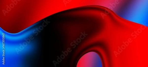 Fototapeta Abstract blue and red liquid wavy shapes futuristic banner. Glowing retro waves wide background