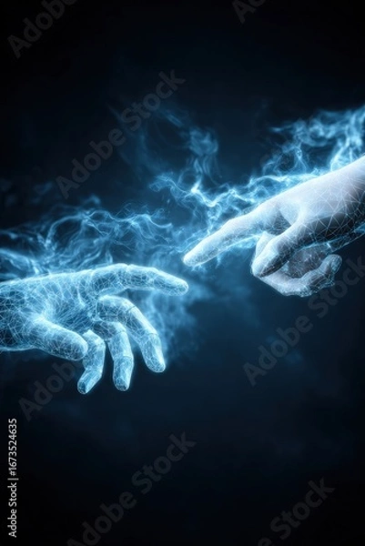 Fototapeta Two Hands Touching In Glowing Blue Light