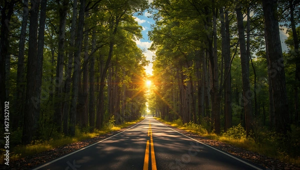 Fototapeta A cinematic photo of a winding road surrounded by tall trees forming a natural tunnel, with golden light in the distance symbolizing hope, clear blue sky, fluffy clouds, vibrant foliage, warm sunlight