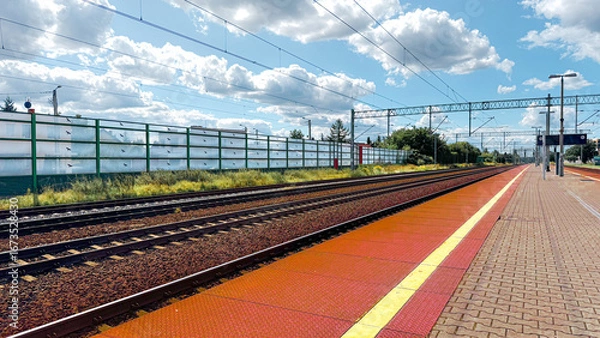 Fototapeta Village railway station platform with a shelter and seats on a sunny summer day with the rail track in perspective disappearing to a vanishing point on the horizon, Nottinghamshire, England, UK
