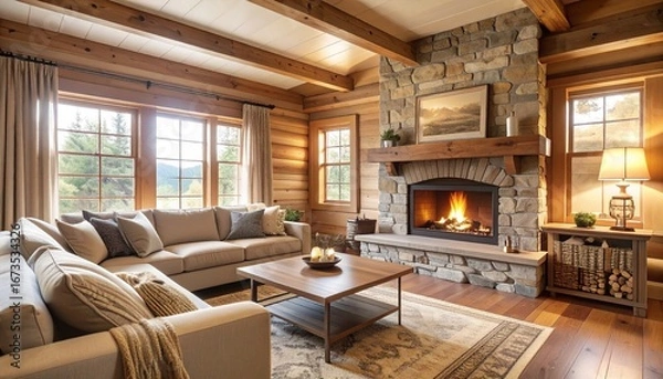 Fototapeta Cozy living room with warm lighting, wooden ceiling, comfortable sofas, and a lit fireplace in a rustic home setting
