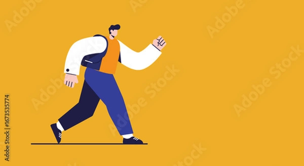 Obraz Minimalist illustration of a man with a backpack walking purposefully on a yellow background. Represents progress, education, commuting, and active lifestyle.