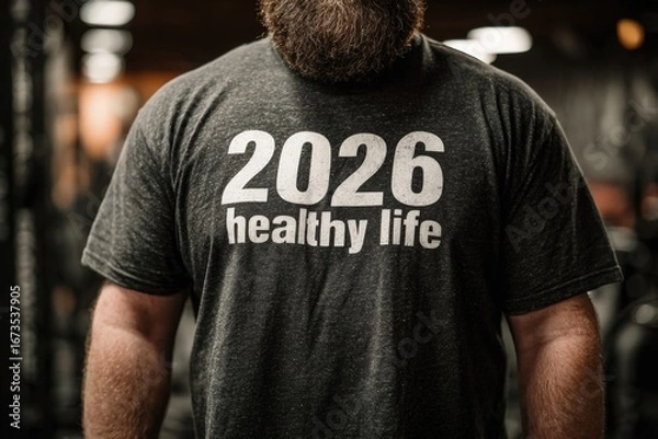 Obraz Individual at the gym lifts weights while wearing a t-shirt that displays 2026 and promotes a healthy life. The atmosphere is energetic, reflecting dedication towards fitness goals for the New Year