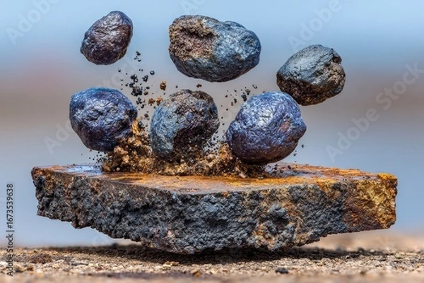 Obraz Rusty metal slab, stones levitate, dramatic splash