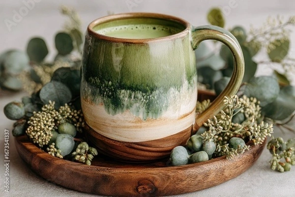 Fototapeta Green matcha latte in a handcrafted ceramic mug, resting on a wooden tray adorned with eucalyptus