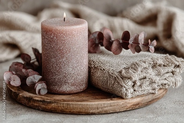 Fototapeta A lit candle, eucalyptus sprigs, and a textured textile rest on a wooden tray