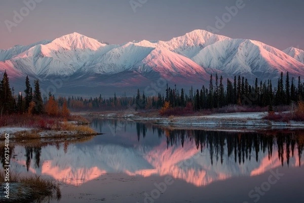 Fototapeta Serene mountain reflection in calm water at dawn