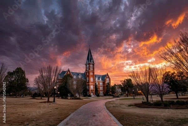 Fototapeta Brick path leads to gothic building at sunset, dramatic clouds