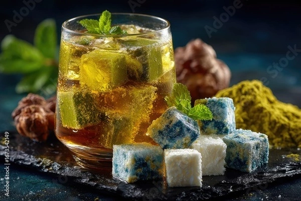 Fototapeta Iced tea drink with colorful ice cubes and matcha powder