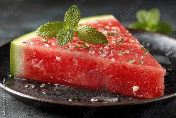 Fototapeta A juicy watermelon slice, garnished with mint and a sprinkle of salt, rests on a dark plate