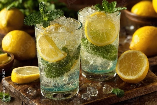Fototapeta Two refreshing lemon-mint drinks on ice